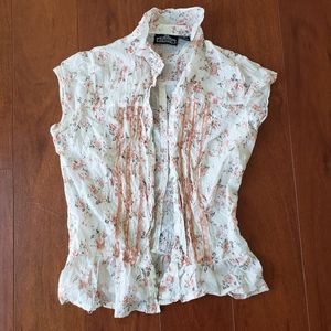 White Floral Cropped Button Down Shirt